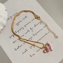 Dainty Pink Rhinestone Heart Pendant Chain Necklace Dangle Earrings Set - ArtGalleryZen