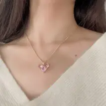 Dainty Pink Rhinestone Heart Pendant Chain Necklace Dangle Earrings Set - ArtGalleryZen