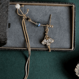 Dainty Rhinestone Inlaid Ballet Dancer Dangle Long Chain Ear Clip Earring - ArtGalleryZen