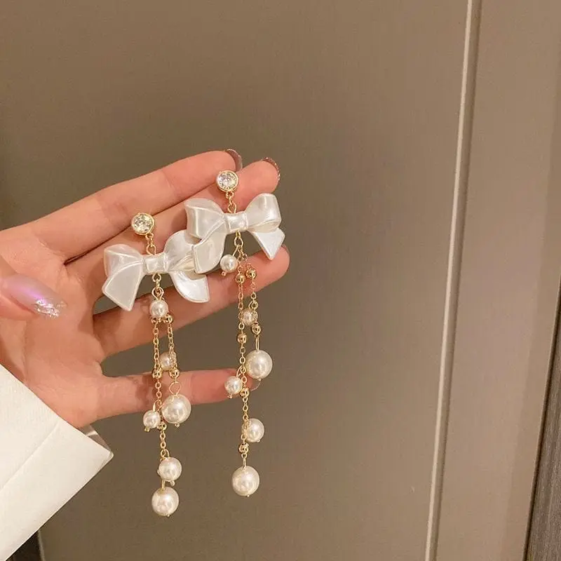 Dainty Rhinestone Inlaid Dangling Bowknot Pearl Earrings - ArtGalleryZen