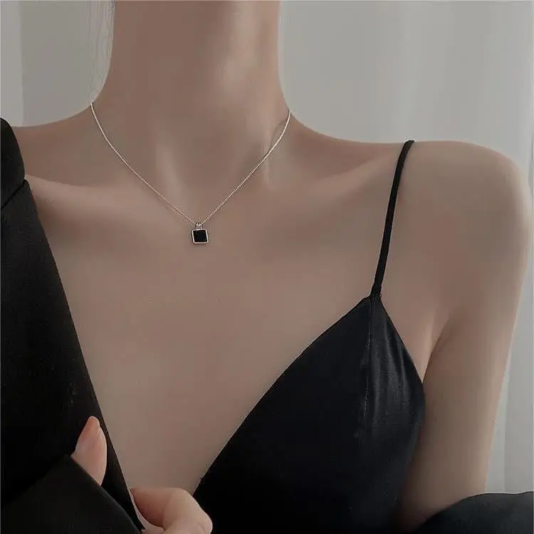 Dainty S925 Sterling Silver Enamel Square Pendant Box Chain Necklace - ArtGalleryZen