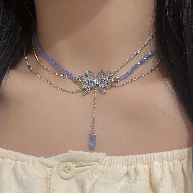 Delicate Layered CZ Inlaid Butterfly Crystal Pendant Beaded Chain Necklace - ArtGalleryZen