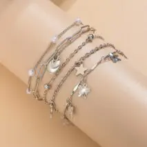 Delicate Layered Heart Butterfly Star Tassel Pearl Cable Chain Bracelet Set - ArtGalleryZen