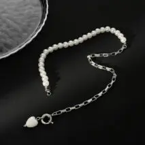 Elegant Heart Ceramics Pendant Pearl Chain Necklace - ArtGalleryZen