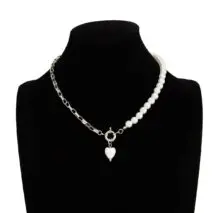 Elegant Heart Ceramics Pendant Pearl Chain Necklace - ArtGalleryZen