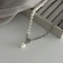 Elegant Heart Ceramics Pendant Pearl Chain Necklace - ArtGalleryZen