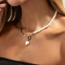 Elegant Heart Ceramics Pendant Pearl Chain Necklace - ArtGalleryZen
