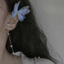 Elegant Layered Butterfly Pearl Long Chain Ribbon Elf Ear Cuff Wrap Earring - ArtGalleryZen