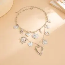 Elegant Layered Hollow Floral Heart Pendant Curb Chain Necklace - ArtGalleryZen