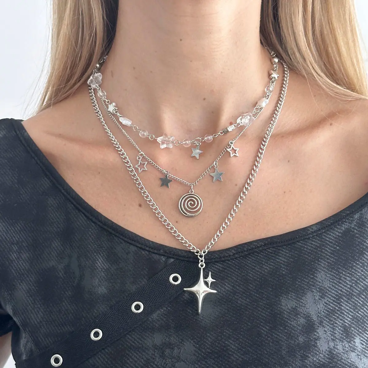 Elegant Layered Star Spiral Pendant Curb Chain Necklace Set - ArtGalleryZen