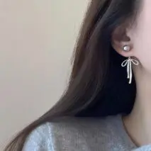 Elegant Pearl Bowknot Ribbon Dangle Removable Earrings - ArtGalleryZen