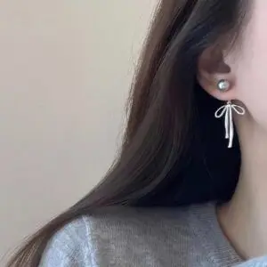 Elegant Pearl Bowknot Ribbon Dangle Removable Earrings - ArtGalleryZen
