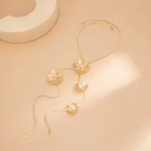 Elegant Pearl Flower Charm Snake Chain Y Necklace - ArtGalleryZen