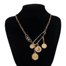 Elegant Rhinestone Inlaid Enamel Round Disk Square Charm Paperclip Necklace - ArtGalleryZen