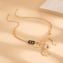 Elegant Rhinestone Inlaid Enamel Round Disk Square Charm Paperclip Necklace - ArtGalleryZen
