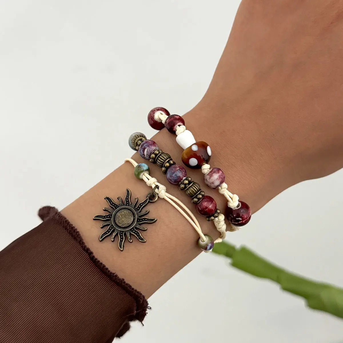 Ethnic Style 3pcs Sun Mushroom Charm Ceramic Beaded Bracelet Set - ArtGalleryZen