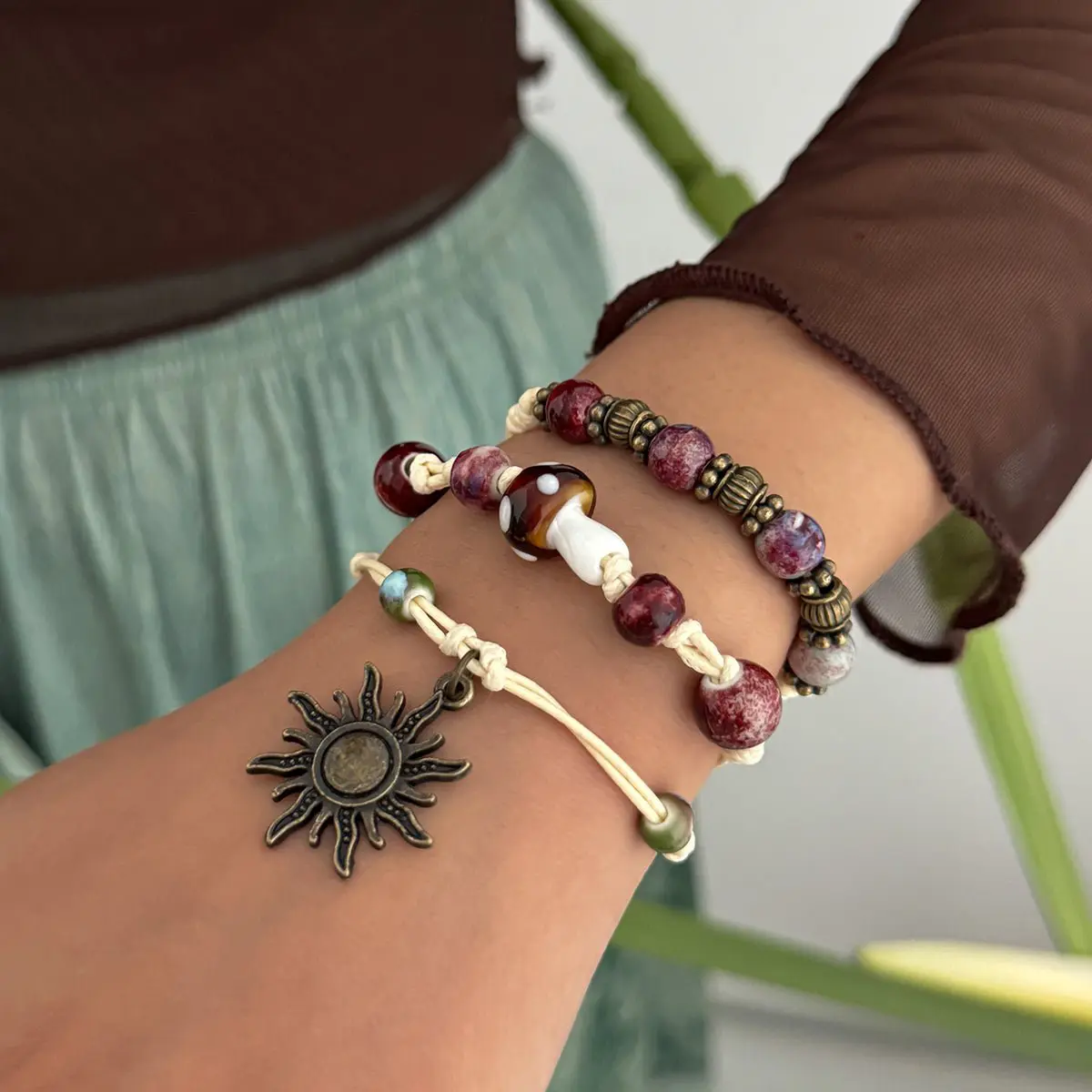 Ethnic Style 3pcs Sun Mushroom Charm Ceramic Beaded Bracelet Set - ArtGalleryZen