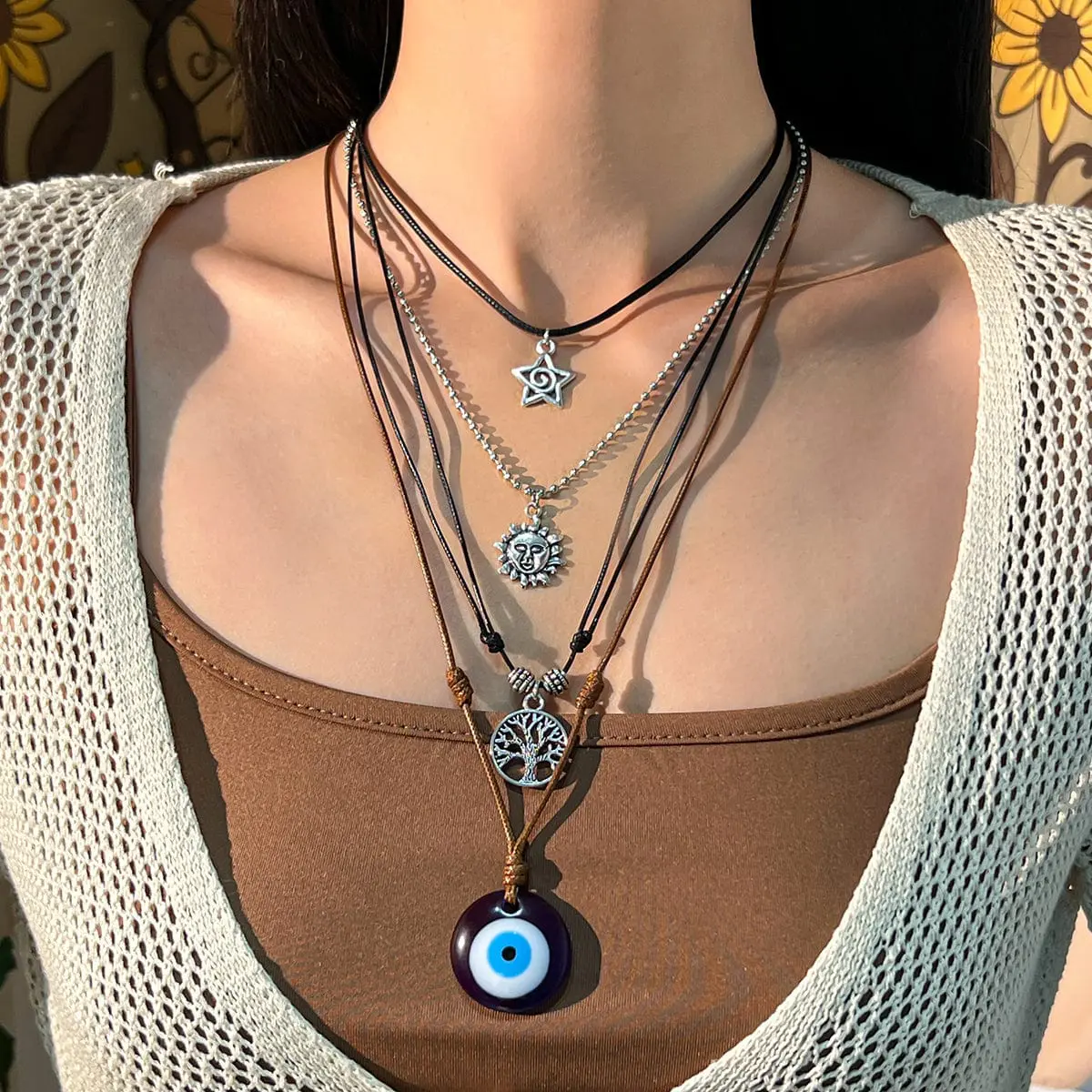 Ethnic Style 4pcs Evil Eye Sun Star Family Tree Pendant Wax Cord Necklace Set - ArtGalleryZen