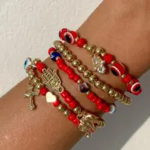 Ethnic style 5pcs Evil Eye Hamsa Charm Crystal Beaded Bracelet Set - ArtGalleryZen