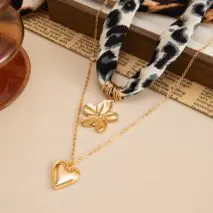 Flower Heart Pendant Leopard Print Chiffon Necklace Set 2 Pcs Boho - ArtGalleryZen