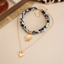 Flower Heart Pendant Leopard Print Chiffon Necklace Set 2 Pcs Boho - ArtGalleryZen