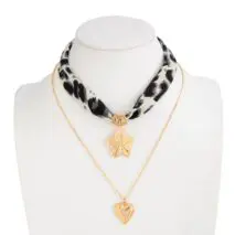 Flower Heart Pendant Leopard Print Chiffon Necklace Set 2 Pcs Boho - ArtGalleryZen