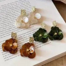 French Style Chunky Flower Dangle Textured Square Earrings - ArtGalleryZen