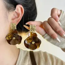French Style Chunky Flower Dangle Textured Square Earrings - ArtGalleryZen
