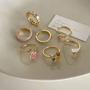 French Style CZ Inlaid Butterfly Enamel Flower Pearl Open Ring - ArtGalleryZen