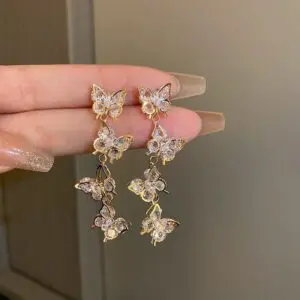 French Style CZ Inlaid Butterfly Tassel Earrings - ArtGalleryZen