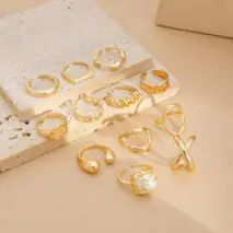 Geometric 12pcs Gold Silver Tone Hollow Twisted Open Ring Set - ArtGalleryZen