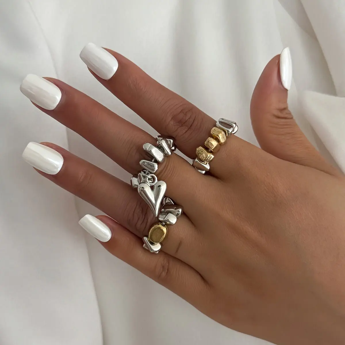 Geometric 3pcs Heart Charm Irregular Beaded Ring Set - ArtGalleryZen