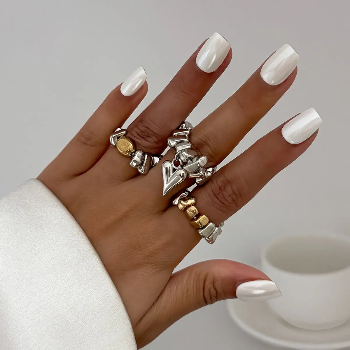 Geometric 3pcs Heart Charm Irregular Beaded Ring Set - ArtGalleryZen