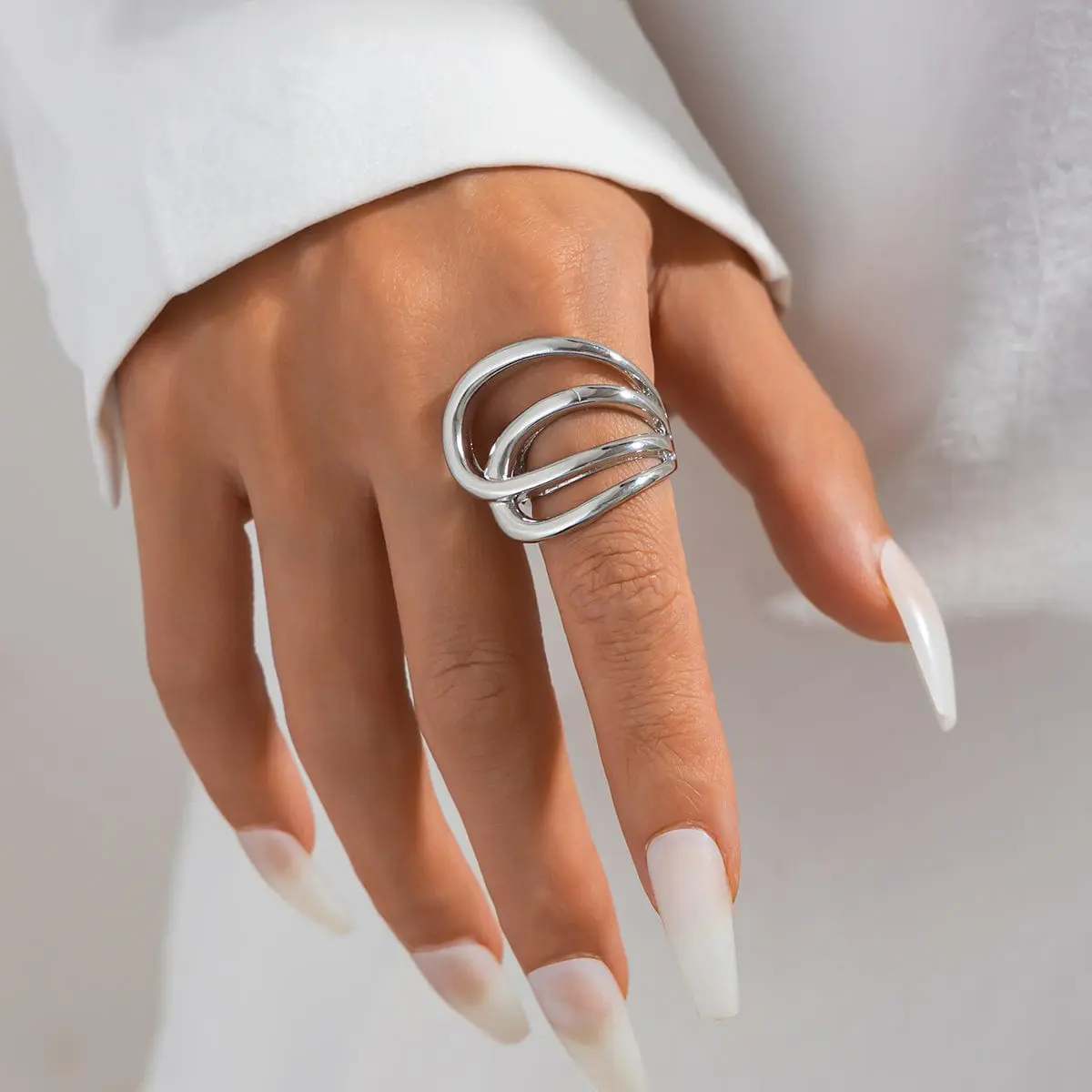 Geometric Chunky Gold Silver Tone Hollow Ring - ArtGalleryZen