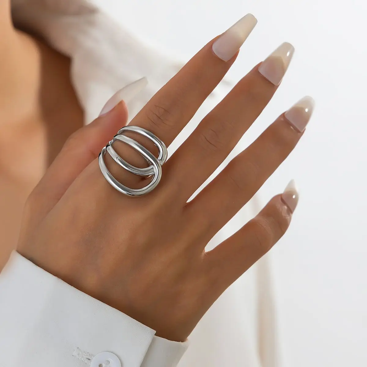 Geometric Chunky Gold Silver Tone Hollow Ring - ArtGalleryZen