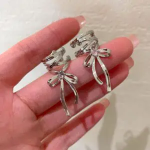 Geometric CZ Inliad Ribbon Bowknot Ear Wrap Earrings - ArtGalleryZen