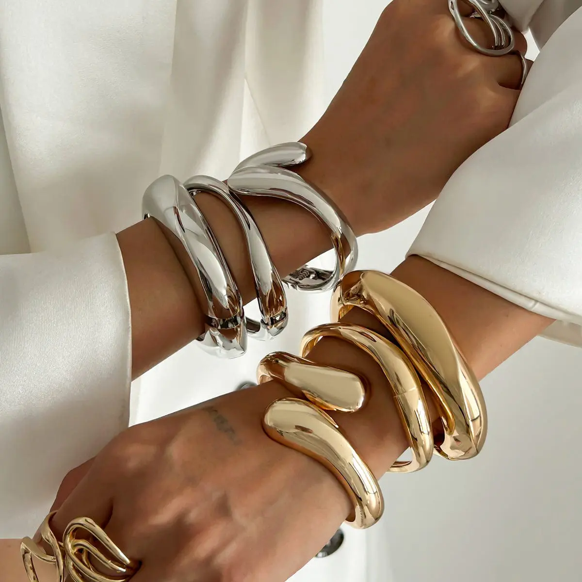 Geometric Gold Silver Plated Curved Bangle Bracelet Set - ArtGalleryZen