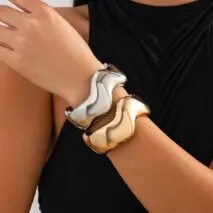 Geometric Gold Silver Tone Glossy Wave Bangle Bracelet - ArtGalleryZen