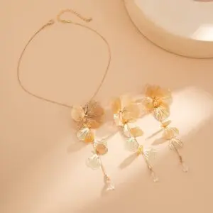 Geometric Gold Silver Tone Leaf Crystal Pendant Y Necklace Earrings Set - ArtGalleryZen