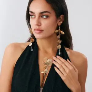Geometric Gold Silver Tone Leaf Crystal Pendant Y Necklace Earrings Set - ArtGalleryZen