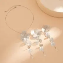 Geometric Gold Silver Tone Leaf Crystal Pendant Y Necklace Earrings Set - ArtGalleryZen