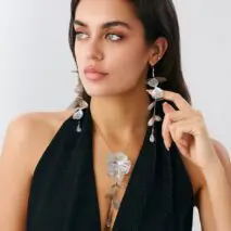 Geometric Gold Silver Tone Leaf Crystal Pendant Y Necklace Earrings Set - ArtGalleryZen