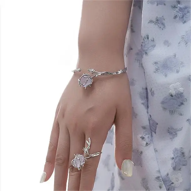 Geometric Healing Stone Rose Bangle Bracelet - ArtGalleryZen