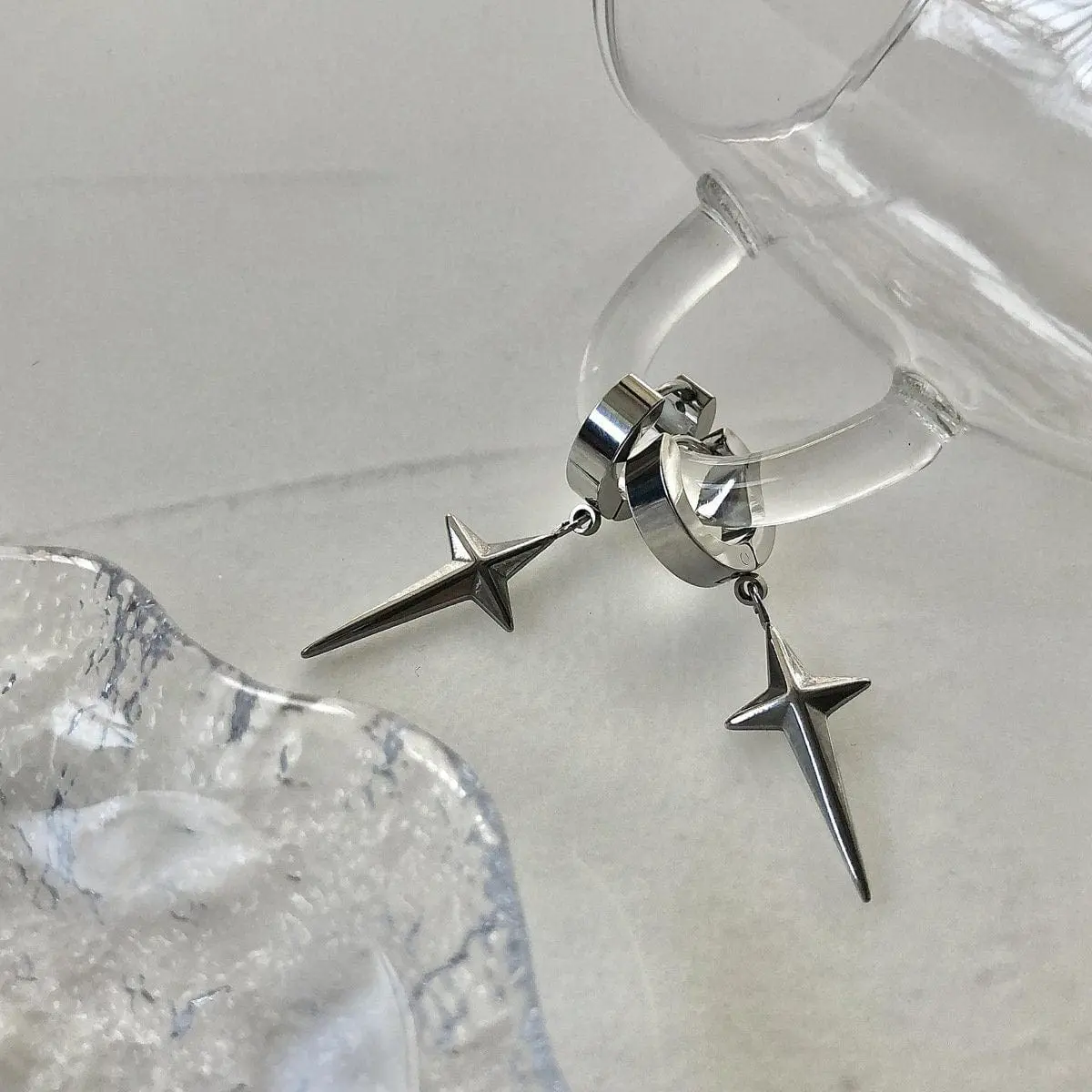 Geometric Titanium Steel Polar Star Ear Cuff Clip On Huggie Hoop Dangle Earrings - ArtGalleryZen