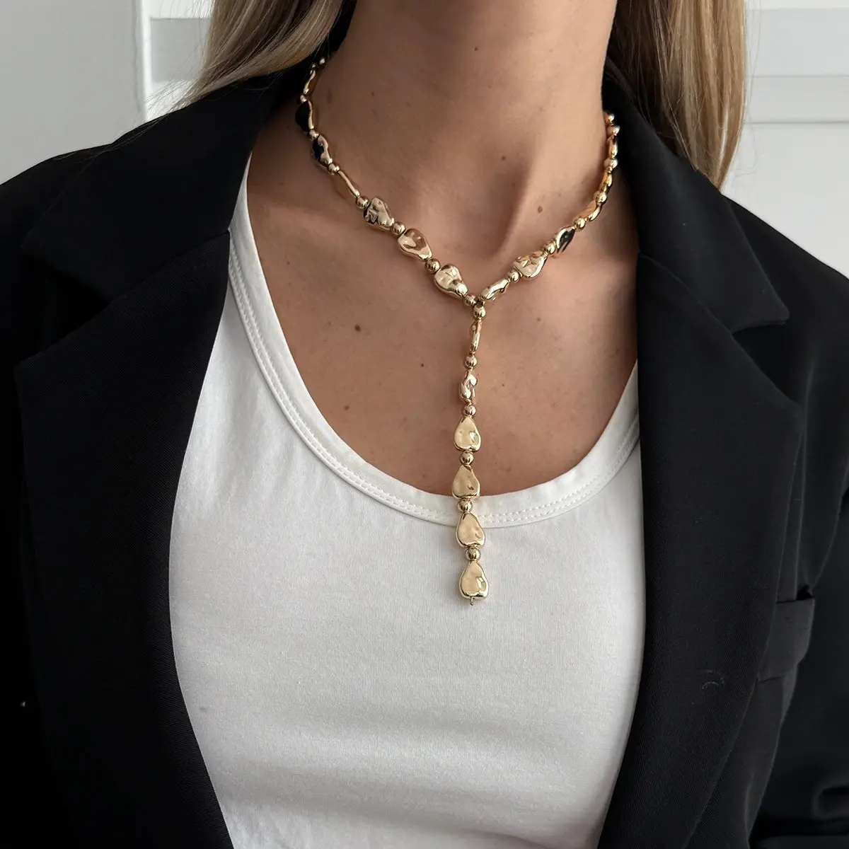 Geometric Waterdrop Y Necklace Gold Silver Layering Pendant - ArtGalleryZen