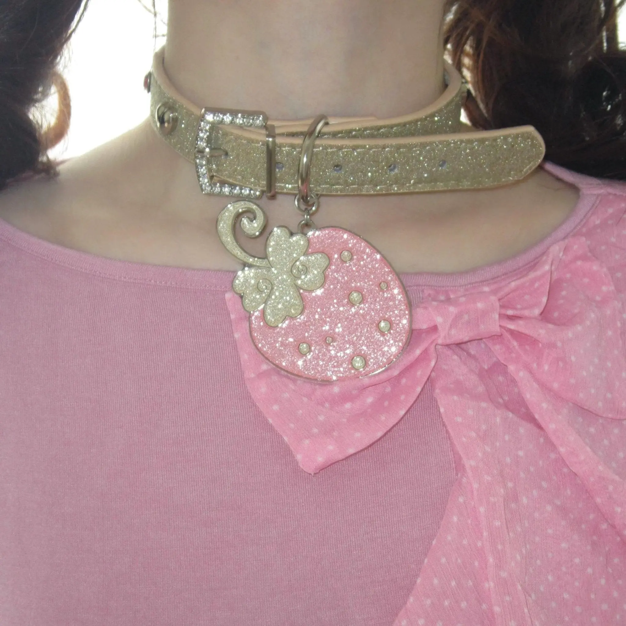 Glitter Enamel Strawberry Pendant PU Leather Collar Choker Necklace - ArtGalleryZen