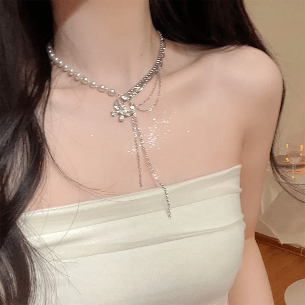Glitter Layered Crystal Inlaid Butterfly Pearl Chain Y Necklace Ring Set - ArtGalleryZen