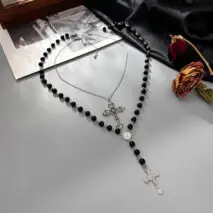 Gothic 2pcs Floral Cross Pendant Ball Chain Necklace Set - ArtGalleryZen