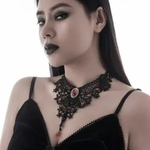 Gothic Crystal Inlaid Cross Charm Floral Lace Choker Necklace - ArtGalleryZen