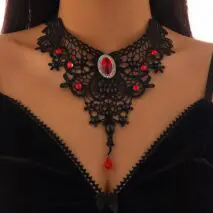 Gothic Crystal Inlaid Cross Charm Floral Lace Choker Necklace - ArtGalleryZen